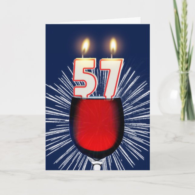 57th Birthday with wine and candles Card (Front)