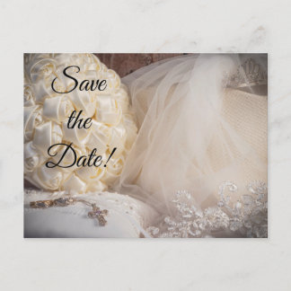 5882-Bouquet w/Rings, Cross, Veil Invitation Postcard