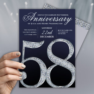 58th Anniversary Diamond Silver Navy Blue Modern Invitation