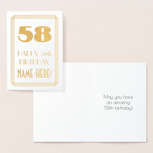 58th Birthday: Art Deco Inspired Look "58" & Name Foil Card (Display)