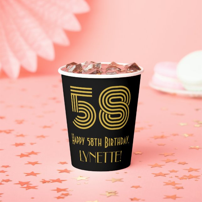 58th Birthday: Art Deco Inspired Look “58” & Name Paper Cups (Insitu)