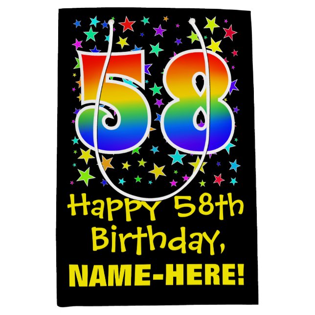58th Birthday: Colourful Stars Pattern & Rainbow 5 Medium Gift Bag (Front)