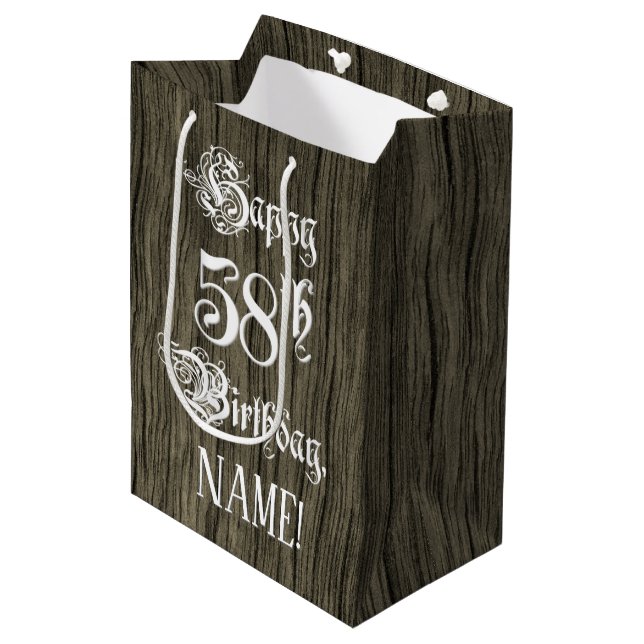58th Birthday: Fancy, Faux Wood Look + Custom Name Medium Gift Bag (Front Angled)