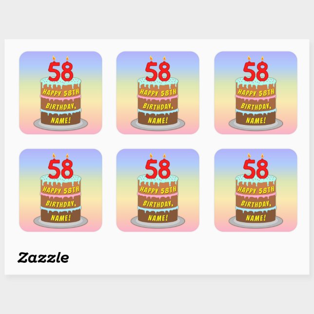 58th Birthday: Fun Cake and Candles + Custom Name Square Sticker (Sheet)
