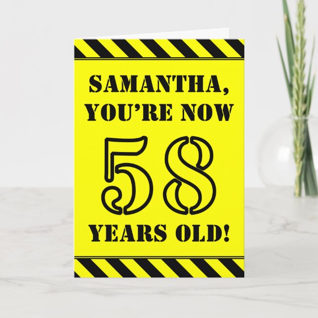 58th Birthday: Fun Stencil Style Text, Custom Name Card (Front)