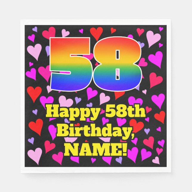 58th Birthday: Loving Hearts Pattern, Rainbow # 58 Napkin (Front)