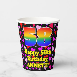 58th Birthday: Loving Hearts Pattern, Rainbow 58 Paper Cups