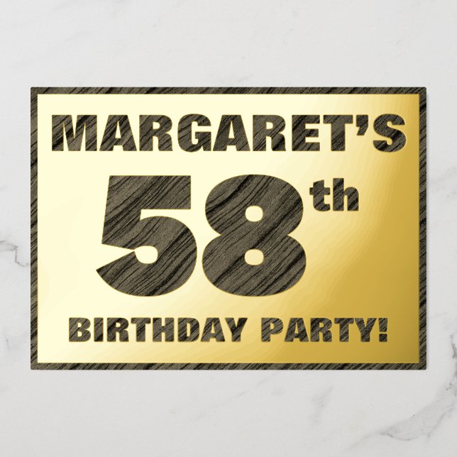 58th Birthday Party — Bold, Faux Wood Grain Text (Front)