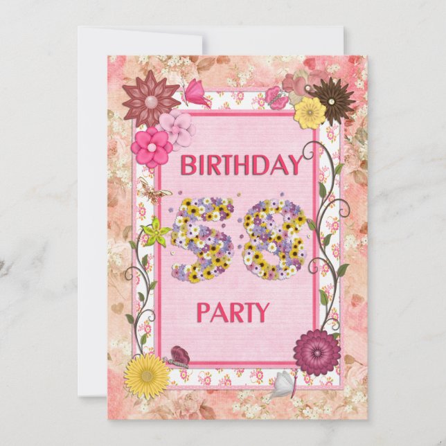 58th birthday party invitation with floral frame (Front)