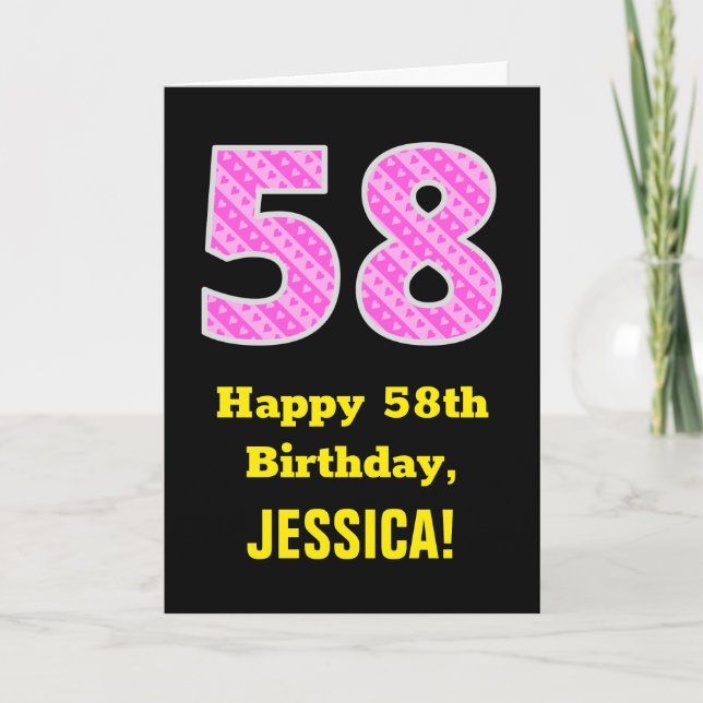 58th Birthday: Pink Stripes and Hearts "58" + Name Card (Front)