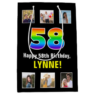 58th Birthday: Rainbow “58“, Custom Photos & Name Medium Gift Bag