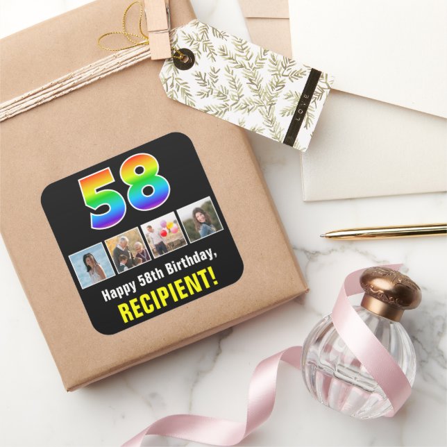 58th Birthday: Rainbow “58”; Custom Photos & Name Square Sticker (Gifting)