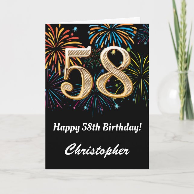 58th Birthday Rainbow Fireworks Black and Gold Card (Front)