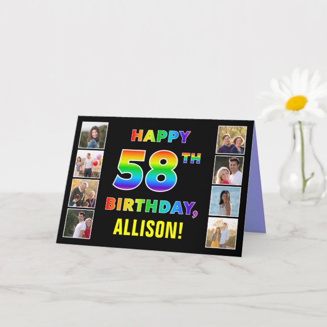 58th Birthday: Rainbow Text, Custom Photos & Name Card (Small Plant)