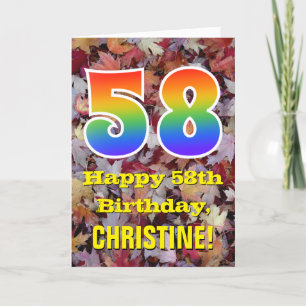 58th Birthday; Rustic Autumn Leaves; Rainbow "58" Card