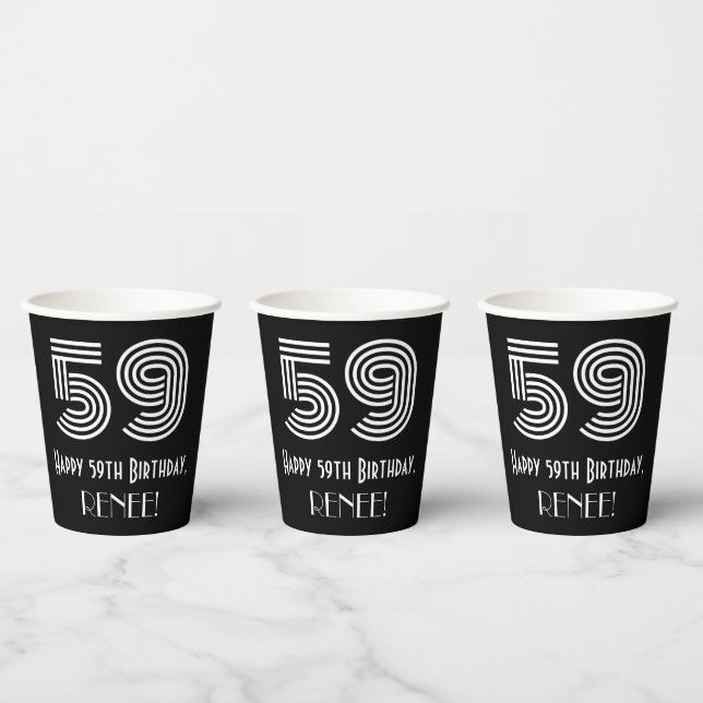 59th Birthday — Art Deco Inspired Look “59” + Name Paper Cups (Multi)