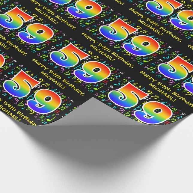 59th Birthday: Colourful Music Symbols, Rainbow 59 Wrapping Paper (Corner)