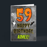 59th Birthday: Eerie Halloween Theme   Custom Name Card<br><div class="desc">The front of this scary and spooky Hallowe’en themed birthday greeting card design features a large number “59”. It also features the message “HAPPY BIRTHDAY, ”, plus a personalized name. There are also depictions of a ghost and a bat on the front. The inside features a personalized birthday greeting message,...</div>