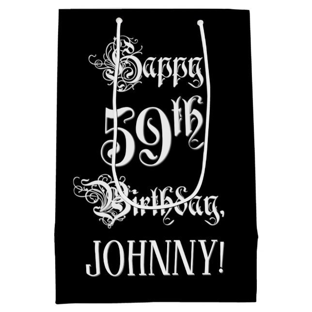 59th Birthday: Fancy, Elegant Script + Custom Name Medium Gift Bag (Back)