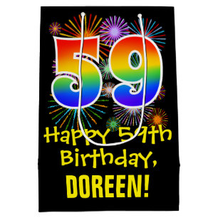 59th Birthday: Fun Fireworks Pattern + Rainbow 59 Medium Gift Bag