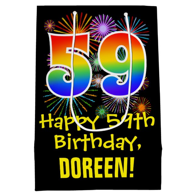 59th Birthday: Fun Fireworks Pattern + Rainbow 59 Medium Gift Bag (Back)