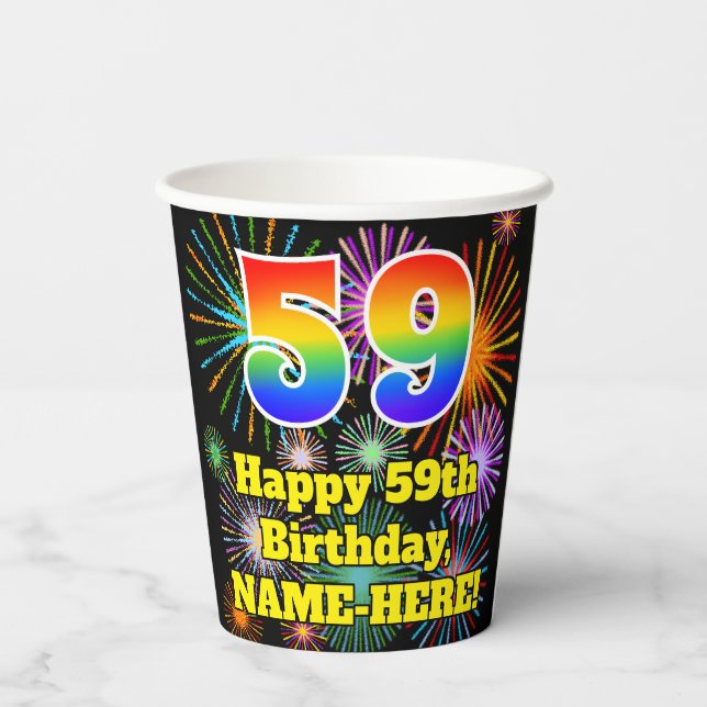 59th Birthday: Fun Fireworks Pattern + Rainbow 59 Paper Cups (Back)