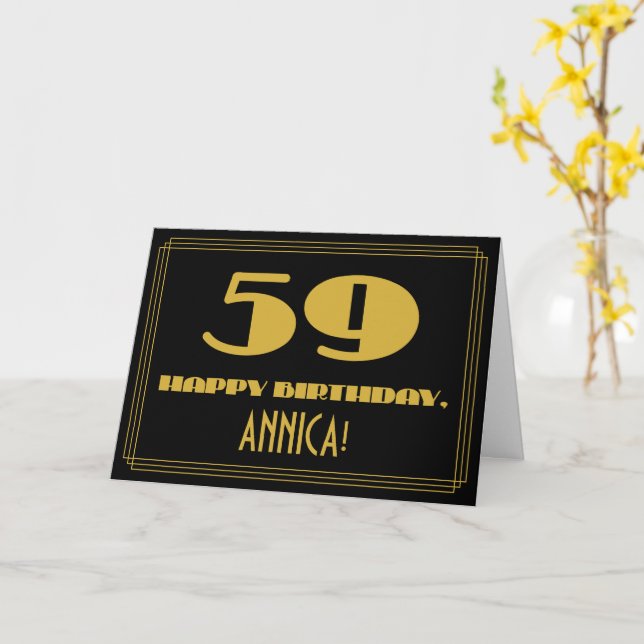 59th Birthday: Name + Art Deco Inspired Look "59" Card (Yellow Flower)