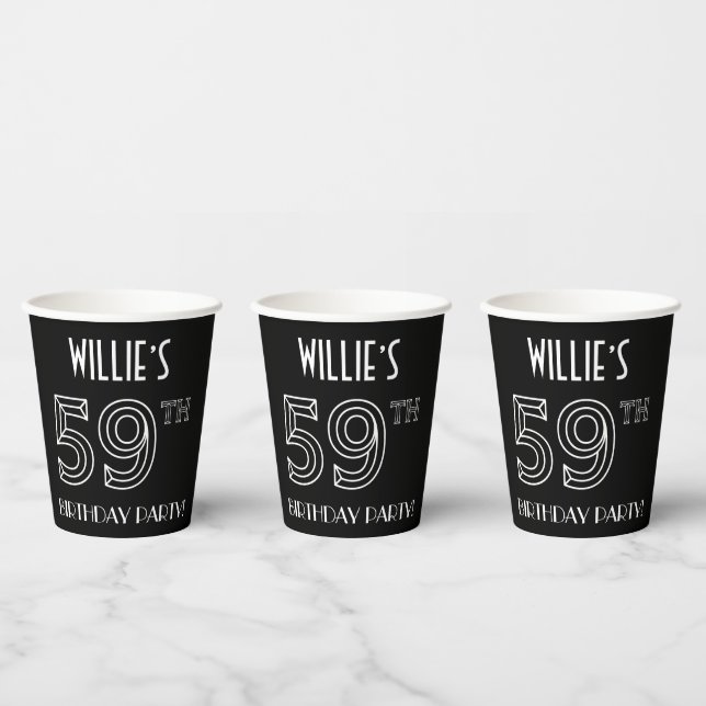 59th Birthday Party: Art Deco Style + Custom Name Paper Cups (Multi)