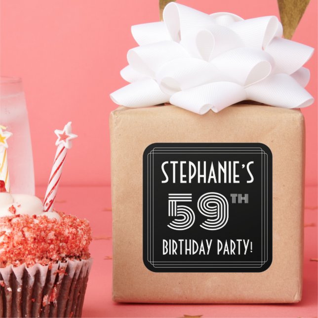 59th Birthday Party: Art Deco Style & Custom Name Square Sticker (Party)