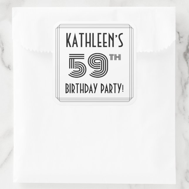 59th Birthday Party: Art Deco Style + Custom Name Square Sticker (Bag)