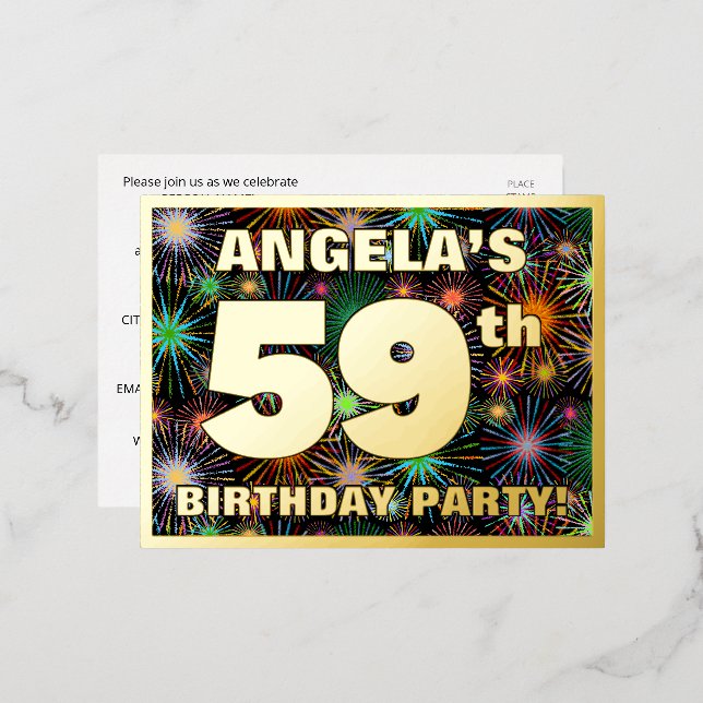 59th Birthday Party: Bold, Colourful Fireworks Loo Foil Invitation Postcard (Front/Back)