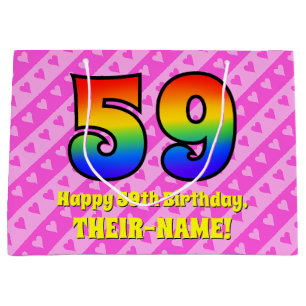 59th Birthday: Pink Stripes & Hearts, Rainbow # 59 Large Gift Bag