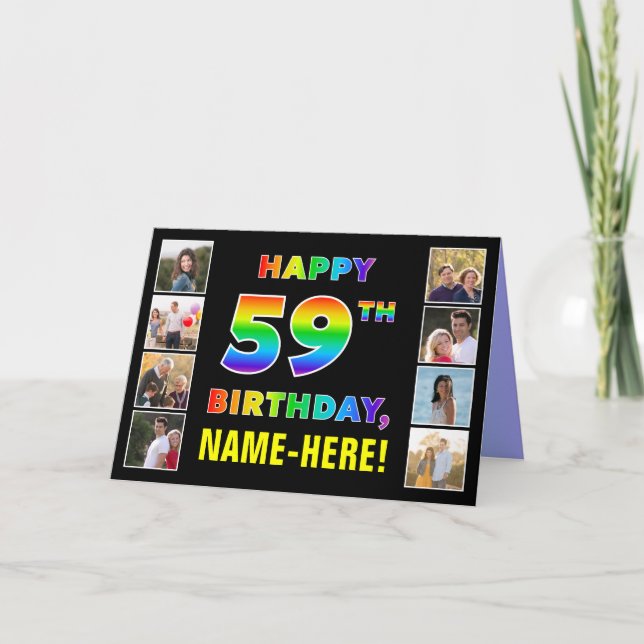 59th Birthday: Rainbow Text, Custom Photos & Name Card (Front)