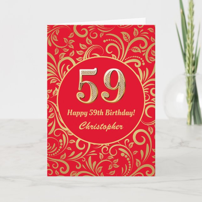 59th Birthday Red and Gold Floral Pattern Card (Front)