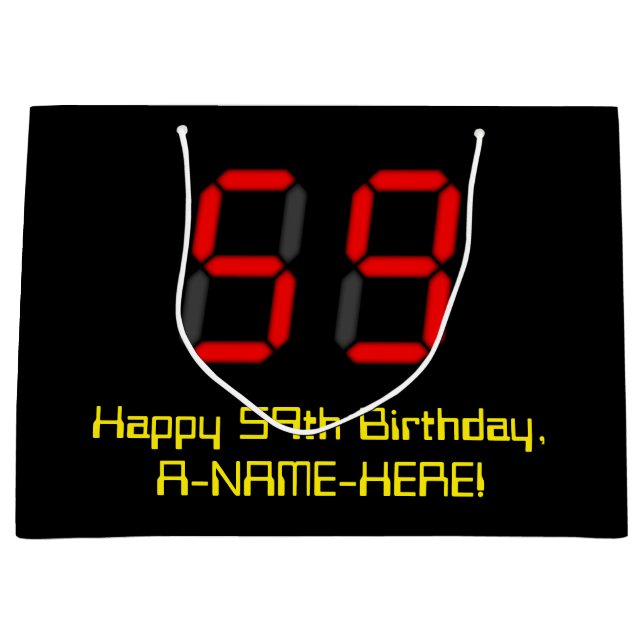 59th Birthday: Red Digital Clock Style "59" + Name Large Gift Bag (Front)
