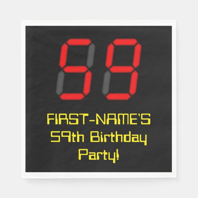 59th Birthday: Red Digital Clock Style "59" + Name Napkin (Front)