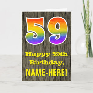 59th Birthday: Rustic Faux Wood Look, Rainbow "59" Card