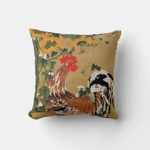 5. 向日葵雄鶏図, 若冲 Sunflower and Rooster, Jakuchū Throw Pillow
