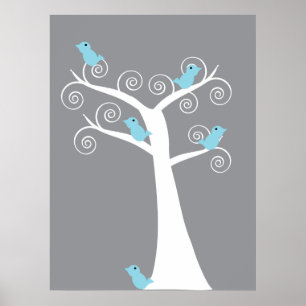 5 Blue Birds in a Tree (Gray Background) Print