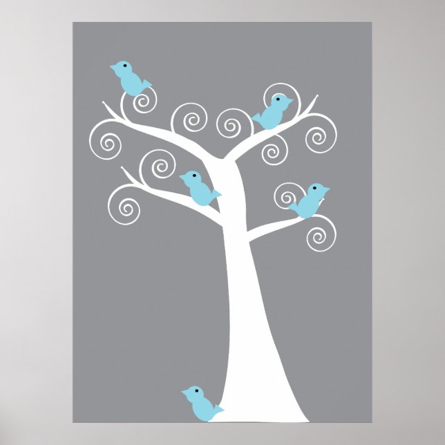 5 Blue Birds in a Tree (Gray Background) Print (Front)
