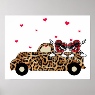 5 Buffalo Plaid Hearts On Leopard Truck Valentine  Poster