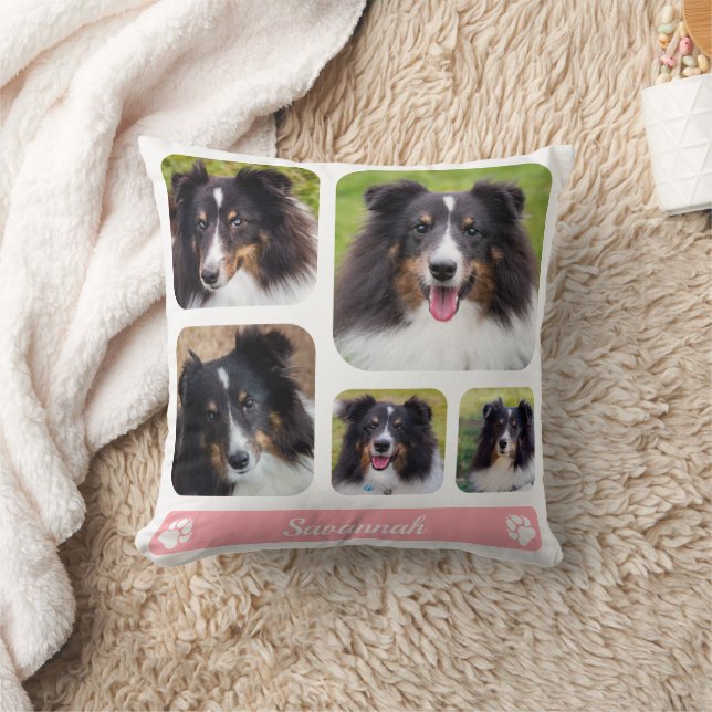 5 Custom Photo Collage Template With Name On Pink Throw Pillow (Blanket)