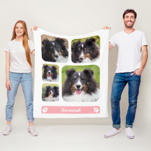 5 Custom Photos Collage Template With Name On Pink Fleece Blanket