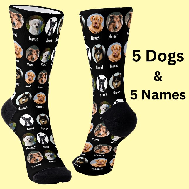 5 Dogs, 5 Names, Dog Photo - Personalized Black Socks (Creator Uploaded)