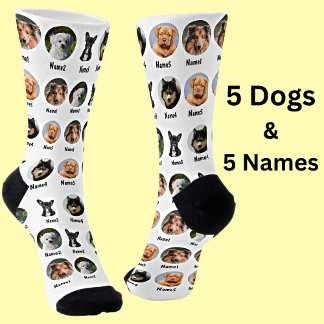 5 Dogs, 5 Names, Dog Photo - Personalized White Socks