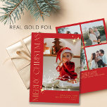5 family photos Merry Christmas red gold Foil Holiday Card<br><div class="desc">Modern simple minimalist luxury elegant custom Merry Christmas keepsake holiday card template with real gold foil typography,  five photo collage,  family name,  and your text. Easy to personalize on both sides!</div>