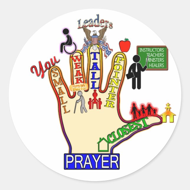 5 FIVE FINGER PRAYER AID CLASSIC ROUND STICKER (Front)