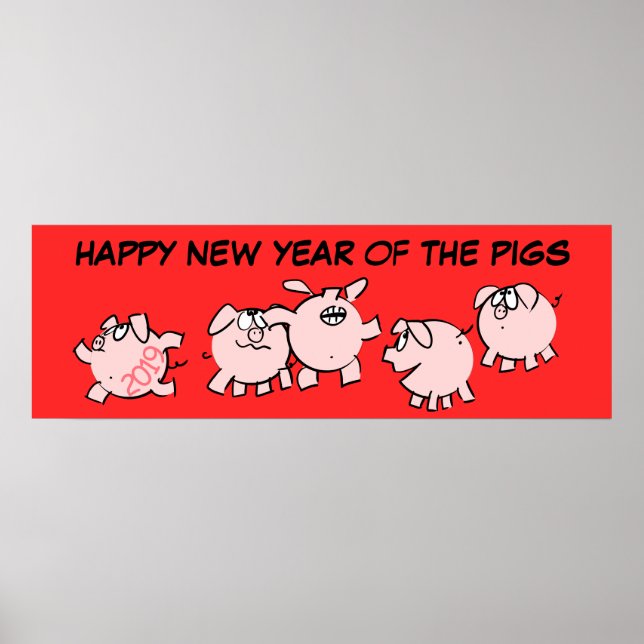 5 Funny Cartoon Illustration Pig Year 2019 Poster (Front)