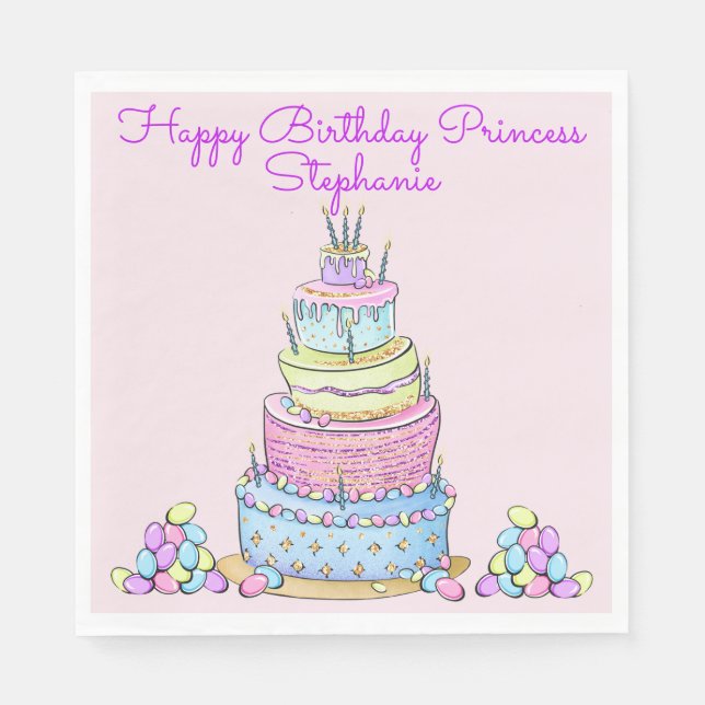 5-Layer Modern Girly Birthday Cake with Candles Napkin (Front)