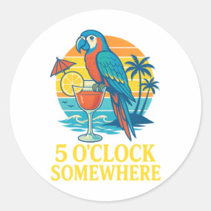 5 O’Clock Somewhere Parrot Cocktail Sunset Classic Round Sticker